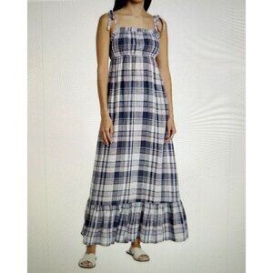 AQUA for Bloomingdale's Navy Pink Plaid Pull-Over Tie Up Shoulder Maxi Dress